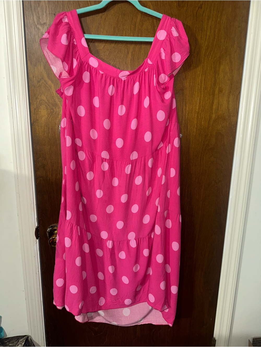 Mlle Gabrielle Women’s 2X Hot Pink Polka Dot Tiered Midi Dress Flutter Sleeve